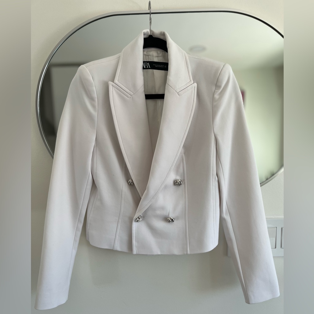 Zara Women's White Double-Breasted Blazer Size Xs